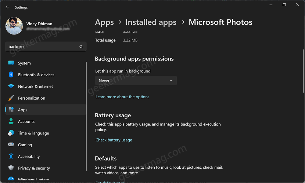 Disable Background Apps in windows 11