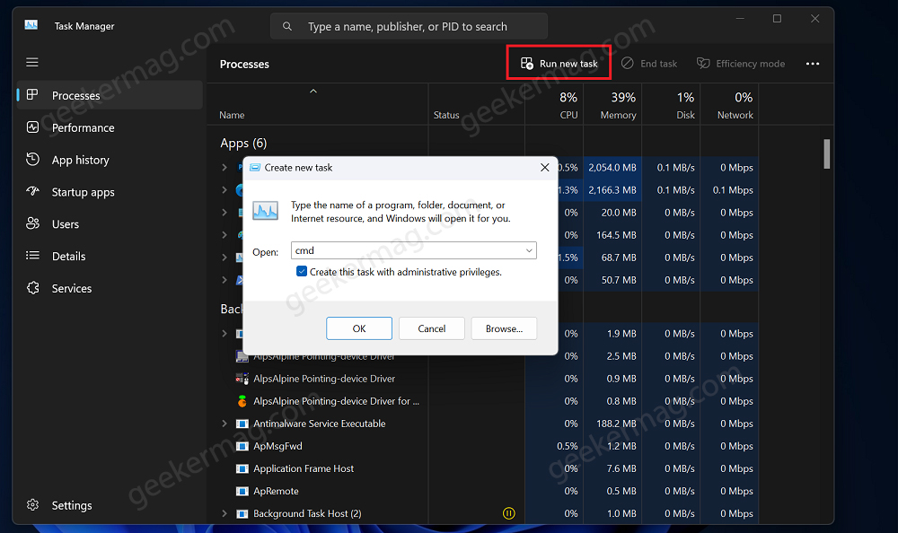 Open Elevated Command using Task Manager