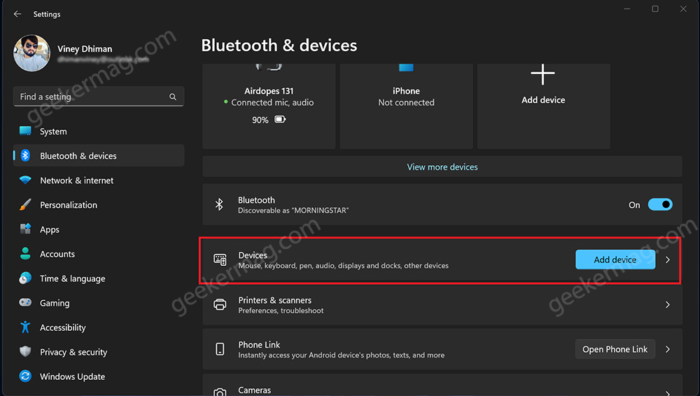 Device settings in settings app in windows 11