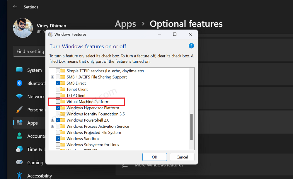 Disable Virtual Machine Platform in Windows 11