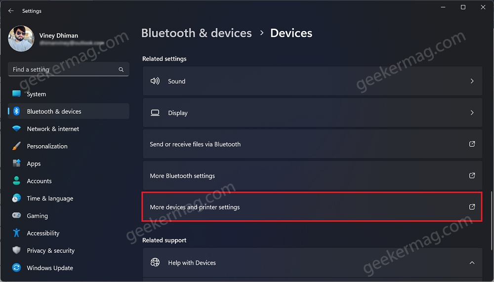 more devices and printer settings in windows 11 settings