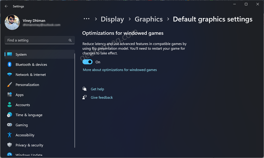 Enable Optimization for Windowed Games: in windows 11