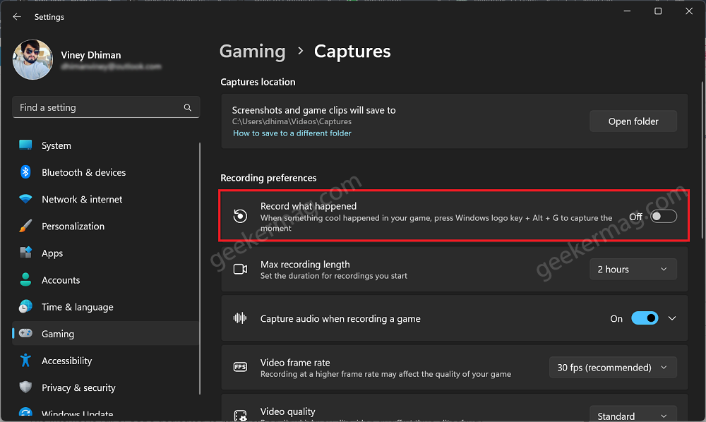 disable Record what happen feature in windows 11 