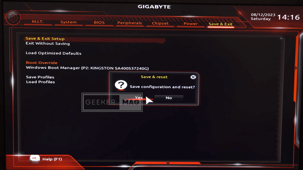 gigabyte motherboard bios save and reset dialog