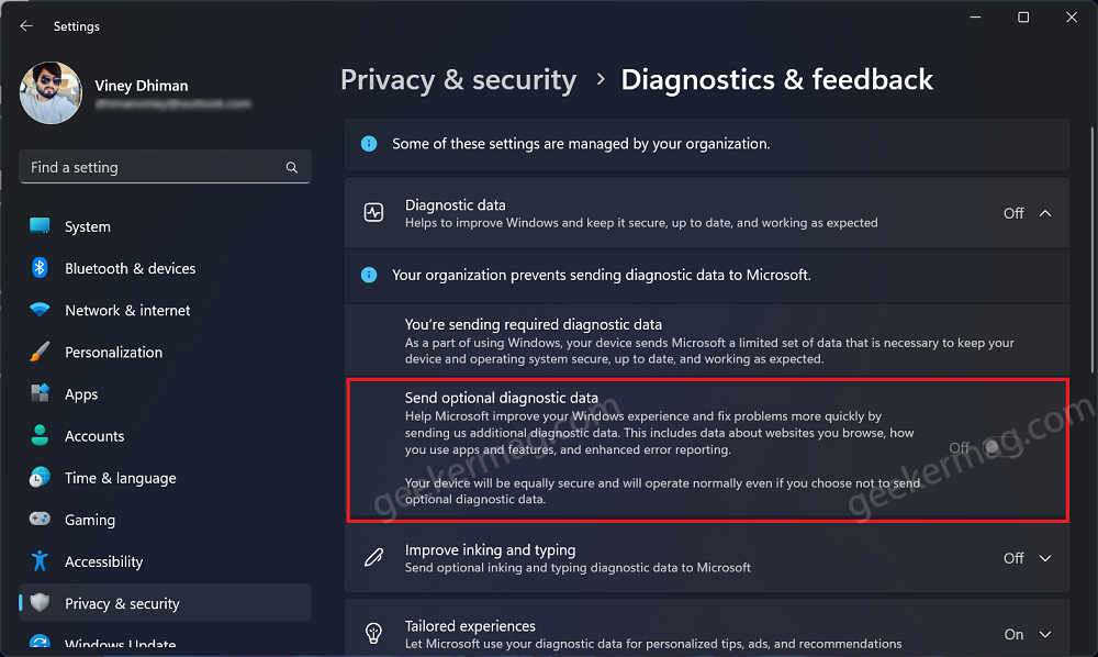 disable send optional diagnostic data in windows 11 from settings 