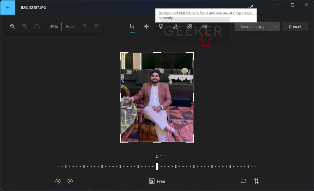 Click on the Blur tool icon in photos app in windows 11