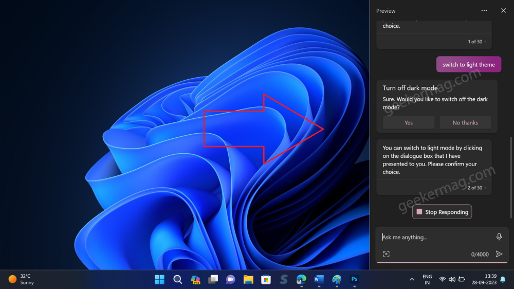 how to use windows copilot in windows 11 to switch to light or dark theme