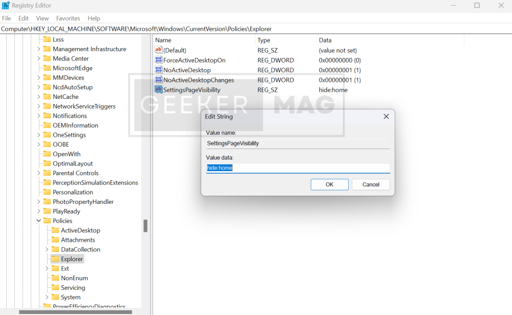 Remove Home Page in Windows 11 Settings app using registry editor