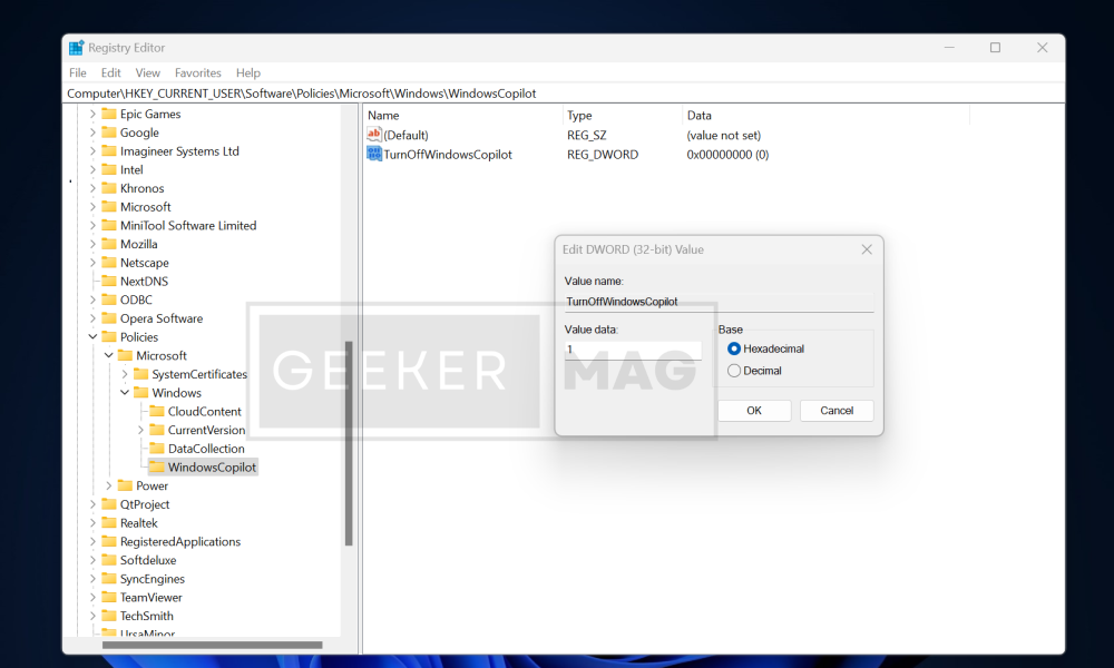 Use Registry Editor to Disable Windows Copilot Windows 11