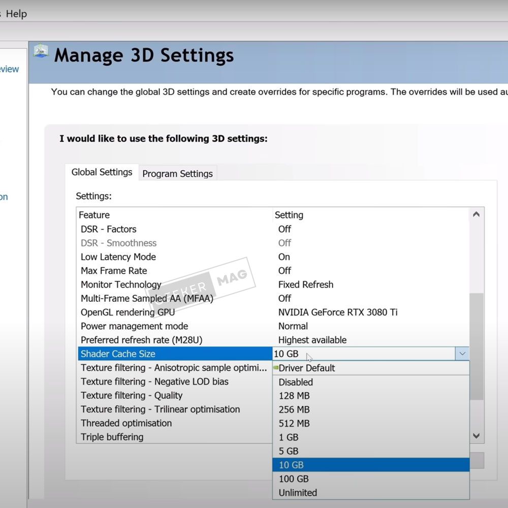 NVIDIA Control Panel Settings - shader cache size