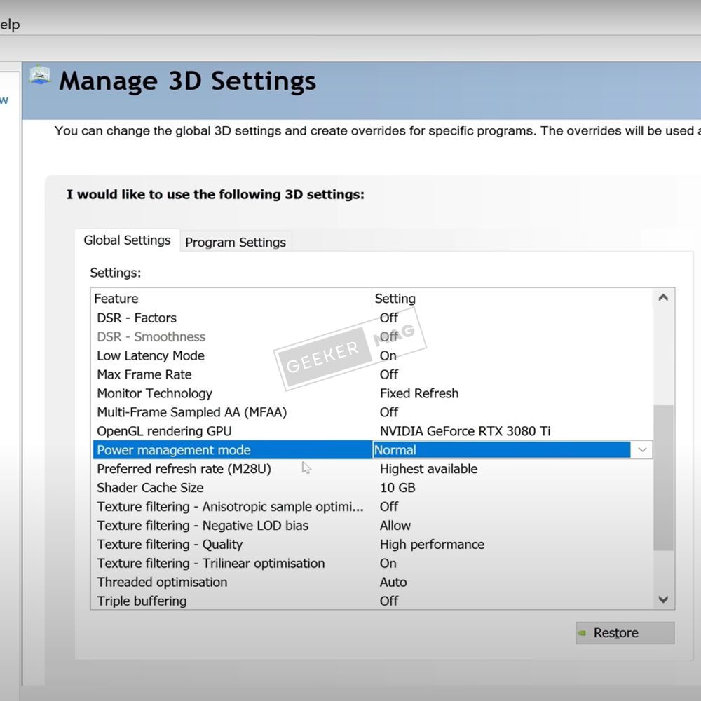 NVIDIA Control Panel Settings - power management mode