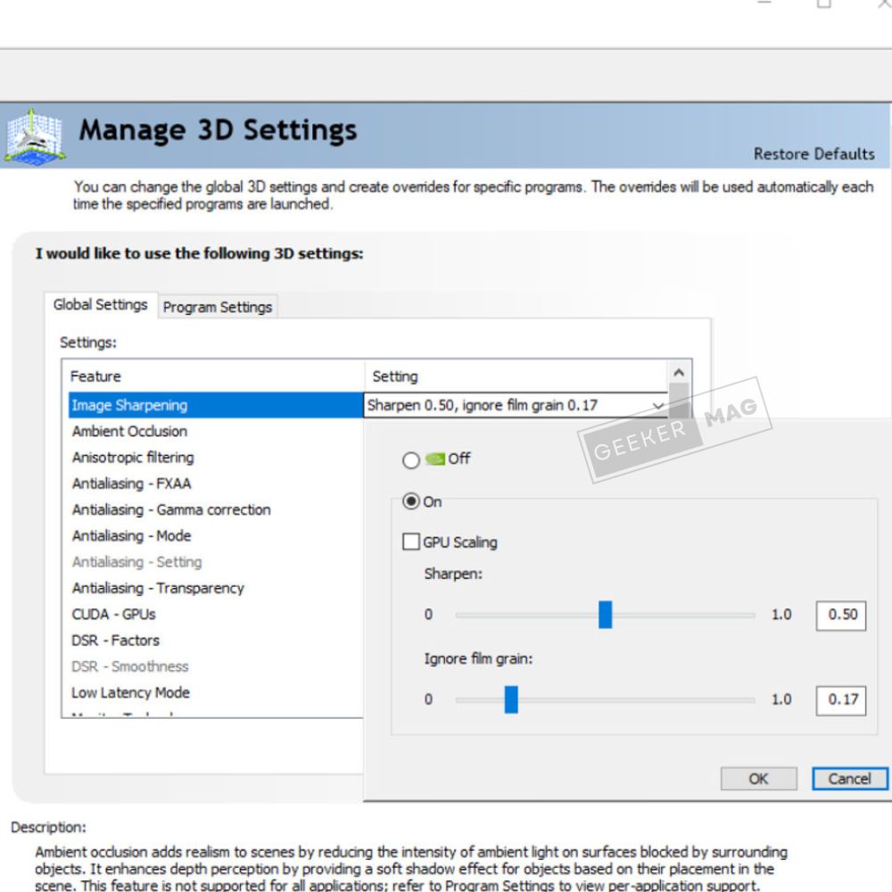 NVIDIA Control Panel Settings - image sharpening