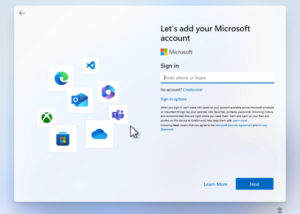 microsoft login in windows 11 setup 