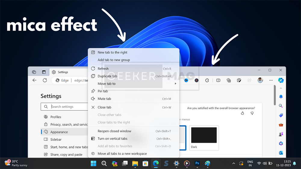 mica effect when dark theme is enabled in windows 11