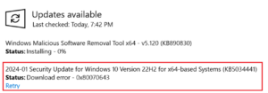 Windows 10 KB5034441 Fails to Install with Download Error 0x80070643