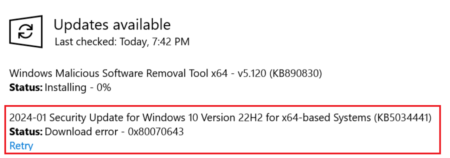 Windows 10 KB5034441 Fails to Install with Download Error 0x80070643