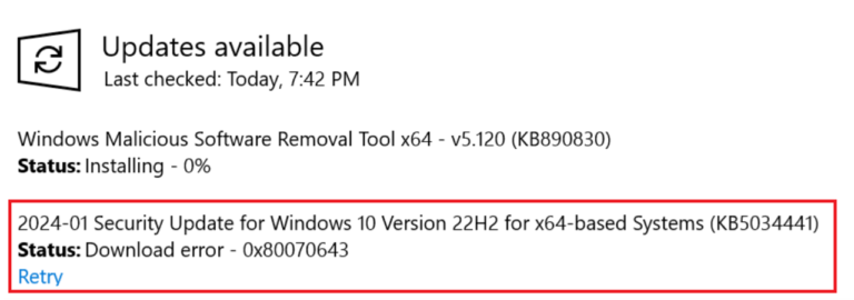 Windows 10 KB5034441 Fails To Install With Error 0x80070643