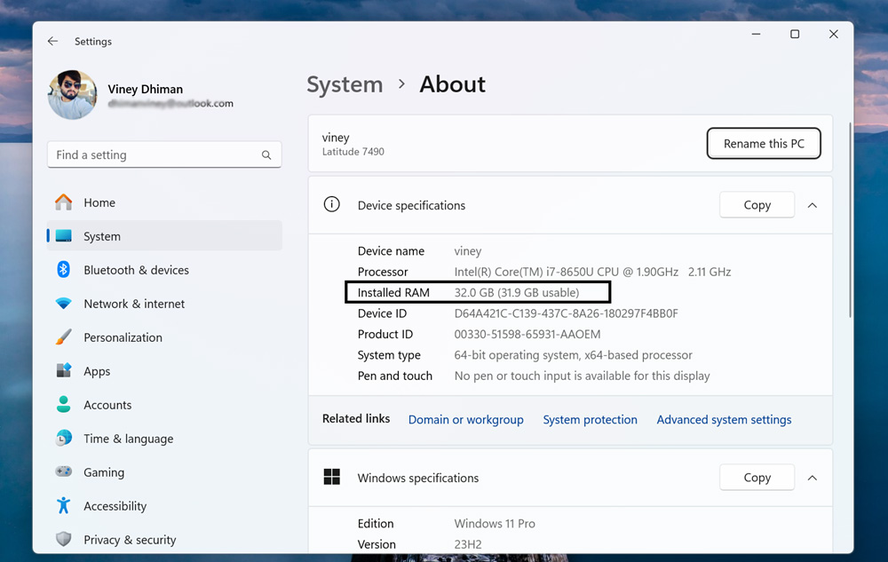 Check How Much RAM You Have using settings app