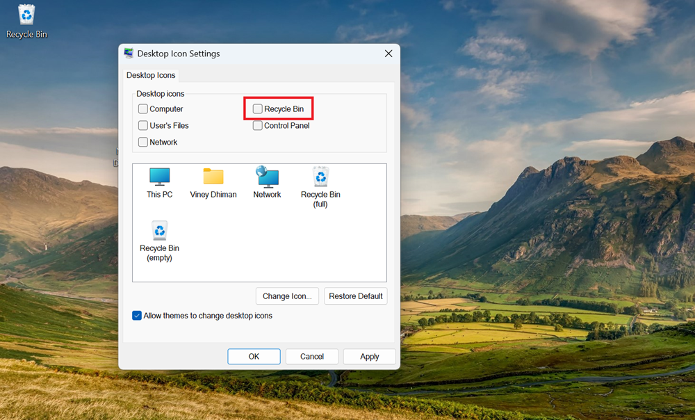 desktop icon settings window - uncheck recycle bin
