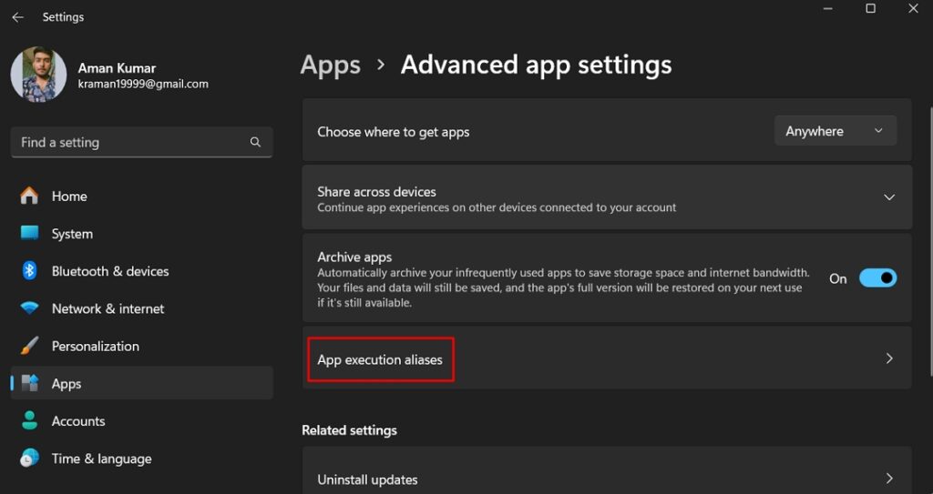 App execution aliases option in the Settings app.