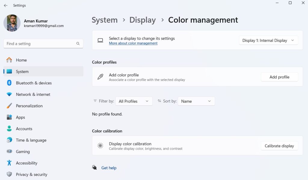 color management option in windows 11 settings app