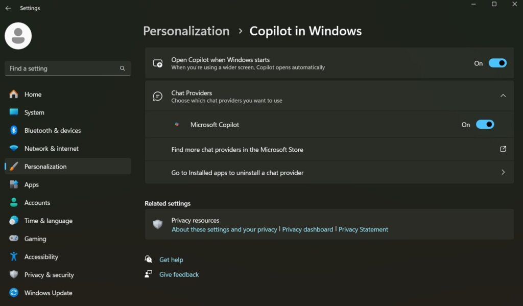 Copilot in Windows option in Settings.