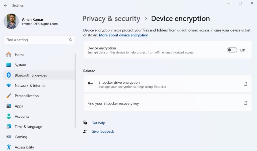 bitlocker driver encryption option in settings app