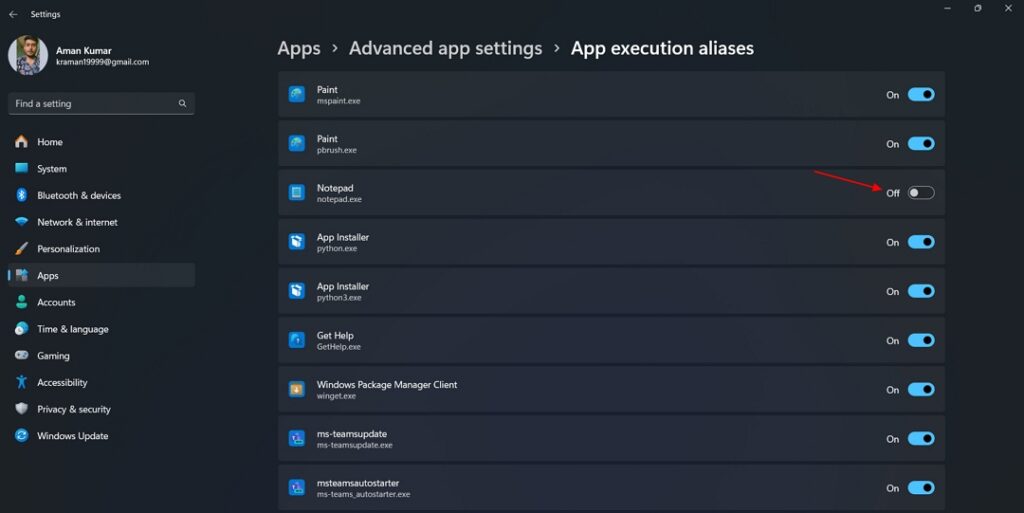 Notepad aliases in the App execution aliases window