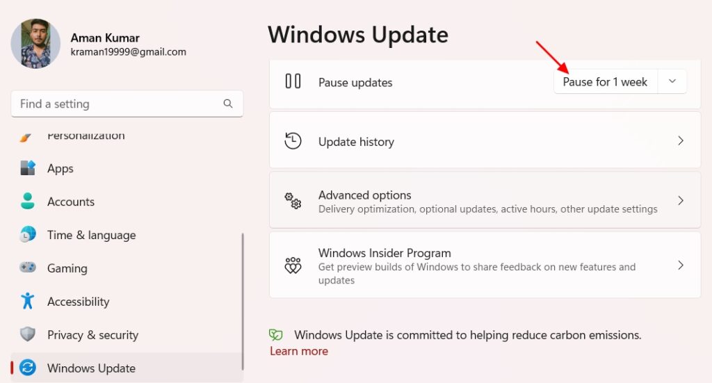 Pause for 1 week option in the Windows Update page.