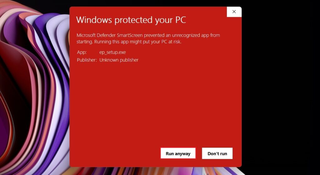 Run Anyway option in Windows Defender Screen.