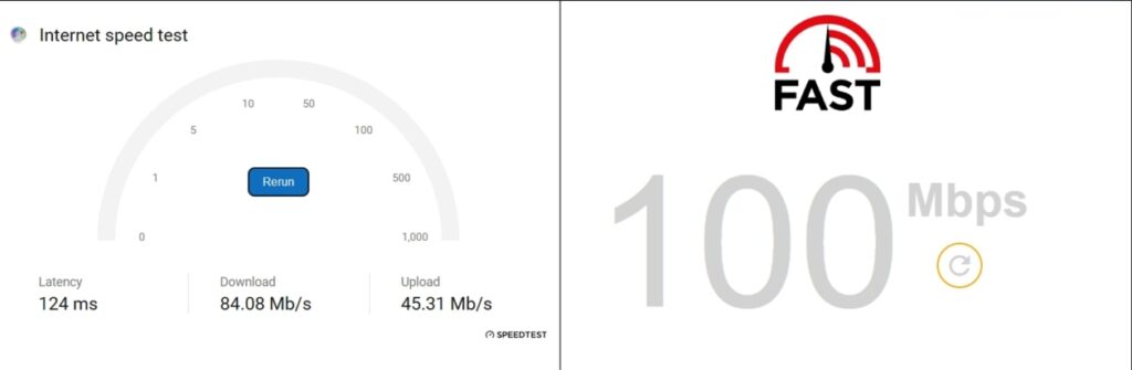 Speed Comparison between Edge speed test tool and Fast.com.