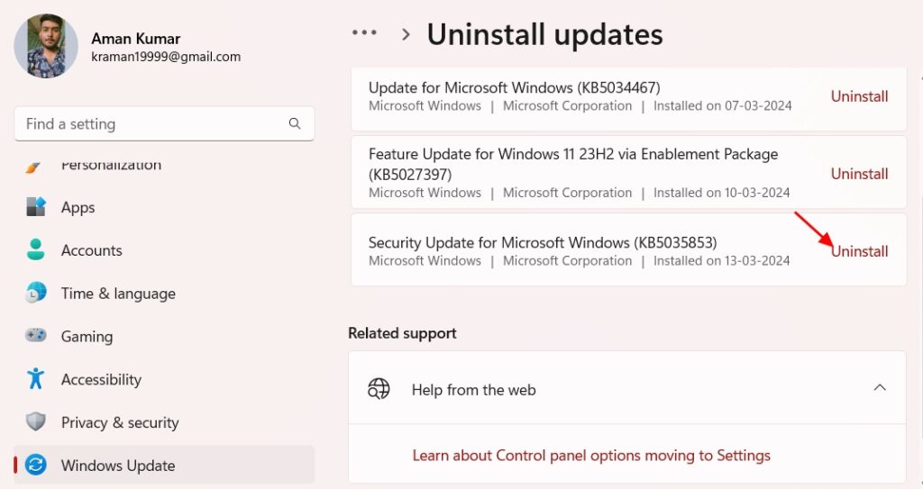 Uninstall option in the Windows Update page.