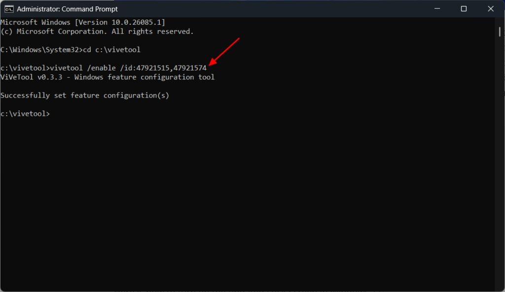 Vivetool command in Command Prompt.