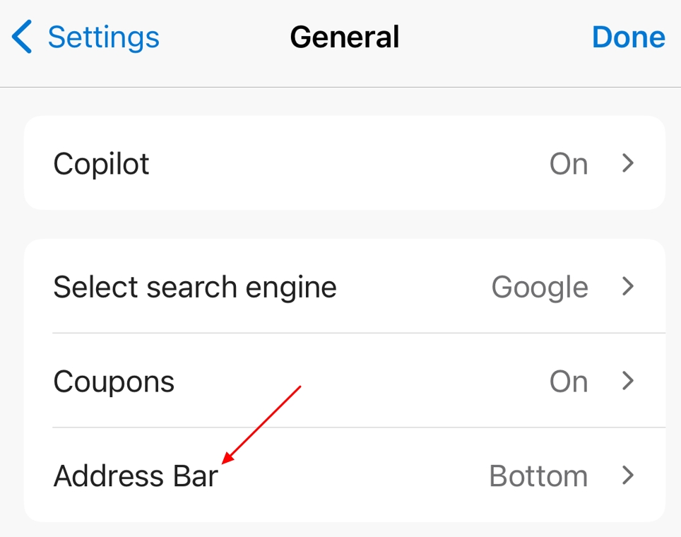 Address bar option in the Settings page.