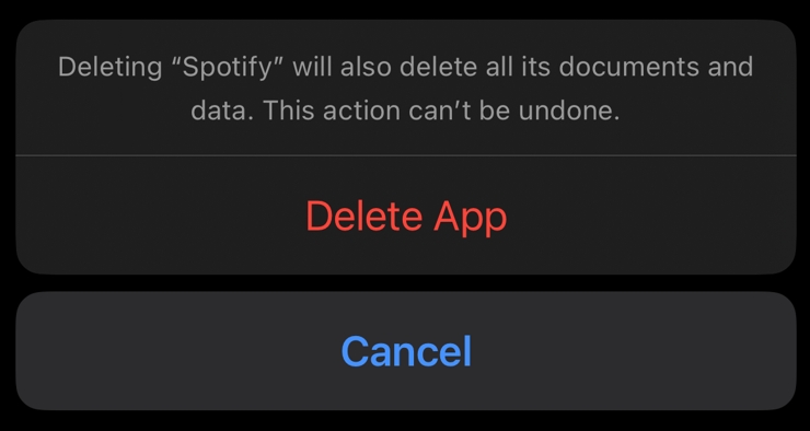 Delete App option to delete Spotify from iPhone.