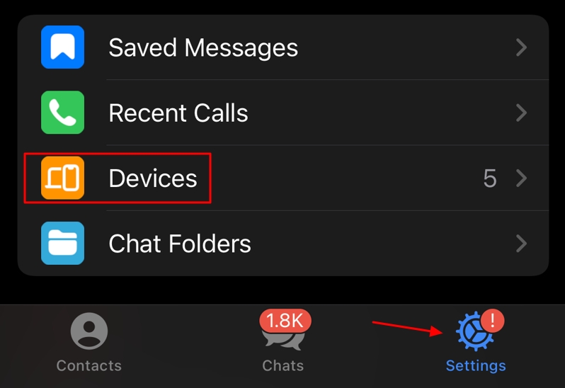 Devices option in the Telegram Settings app.