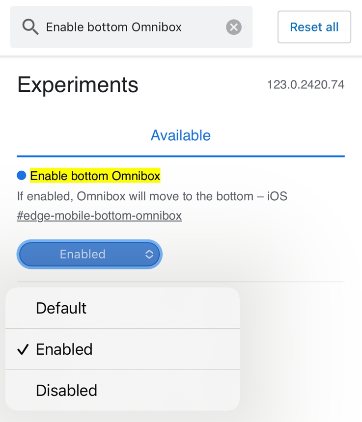 Enabled option for Enable bottom Omnibox flag.