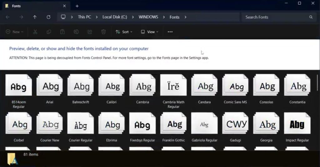 Fonts page on the File Explorer.