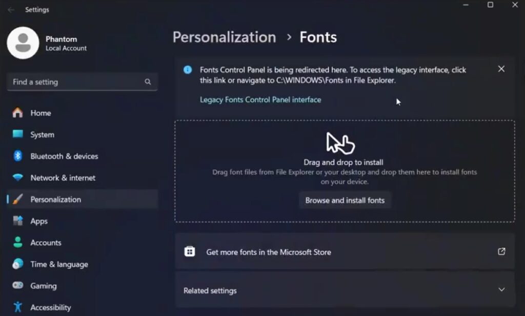 Fonts page on the Settings menu.