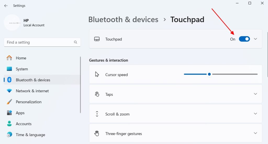 Touchpad toggle in the Settings menu.