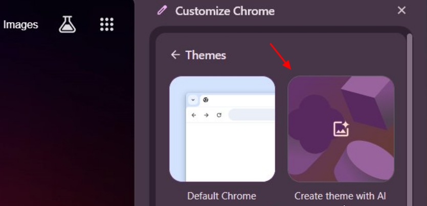 Create theme with AI option in Chrome.