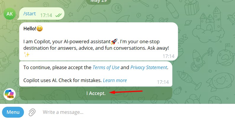 I accept option in Telegram