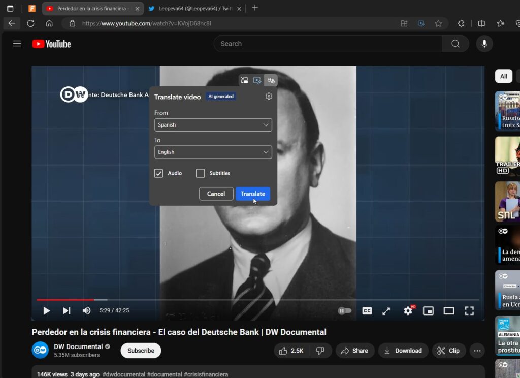 Translate video popup in Edge.