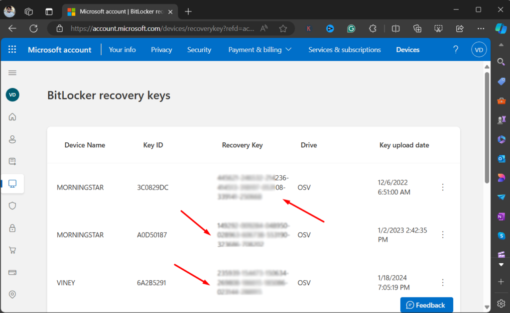 Microsoft Bitlocker Recovery Key page