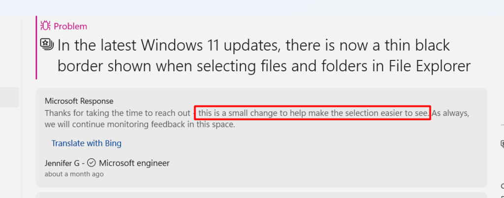 black border around file explorer bug thread on feedback hub