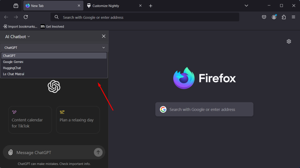 Switch AI Chatbot in Firefox Sidebar