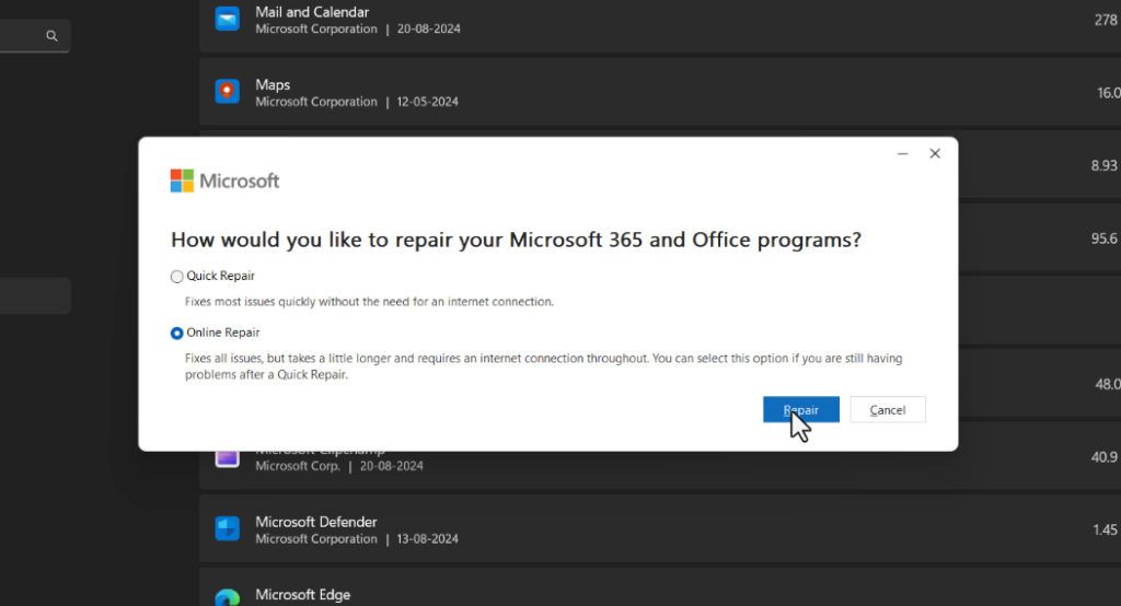 repair Microsoft office 365 online