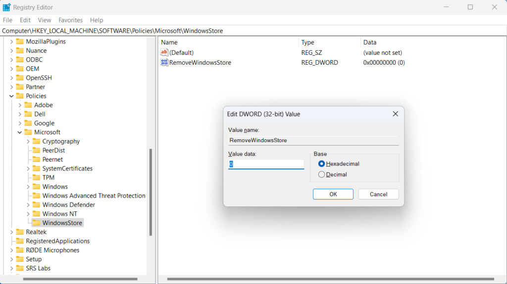 remove windows store dword 32-bit value