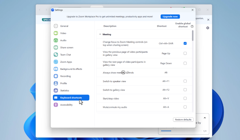 zoom keyboard shortcut settings