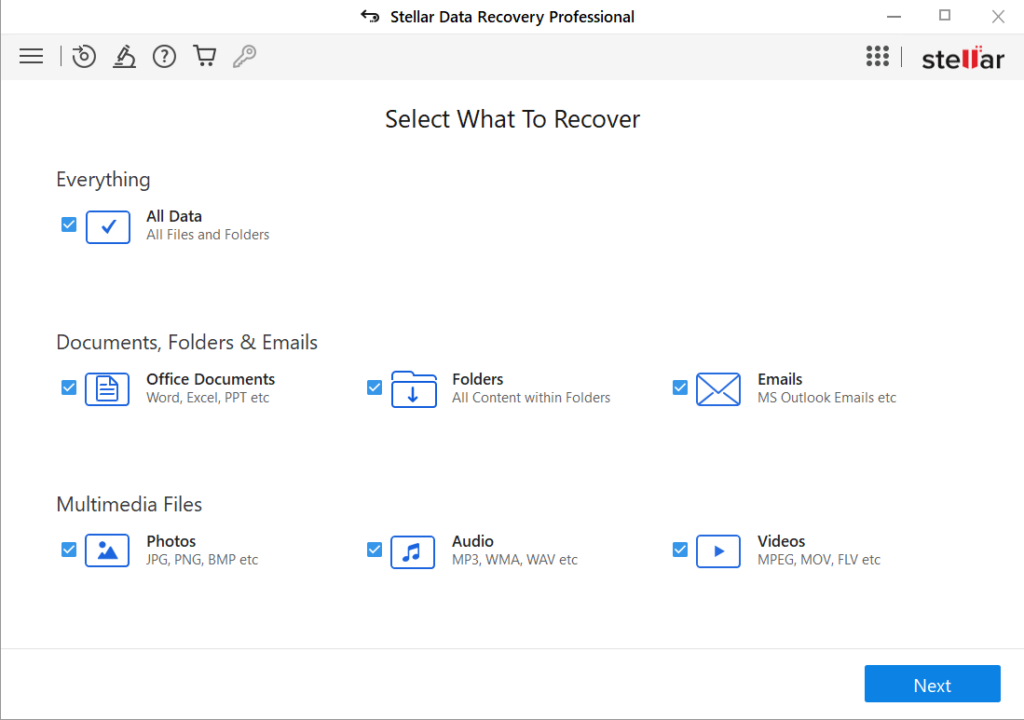 stellar recovery, select what to recover